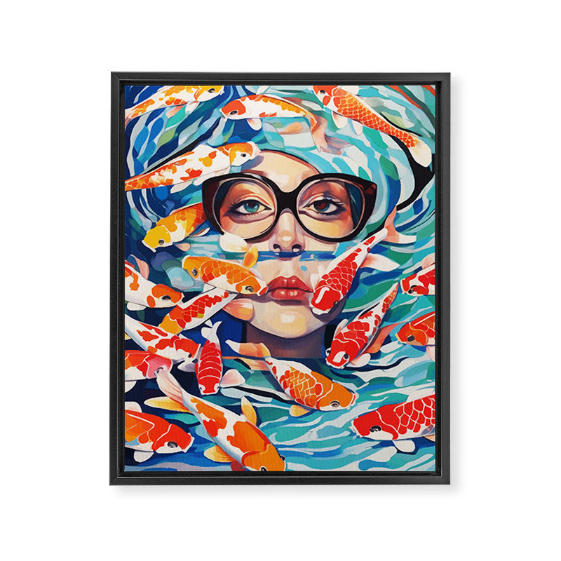 Point of View, Individuality Koi Fish Yoga Meditation, Woman Glasses Vision Concept, Fishpond Eclectic Vintage Painting Framed Canvas Print Gallery Image 6