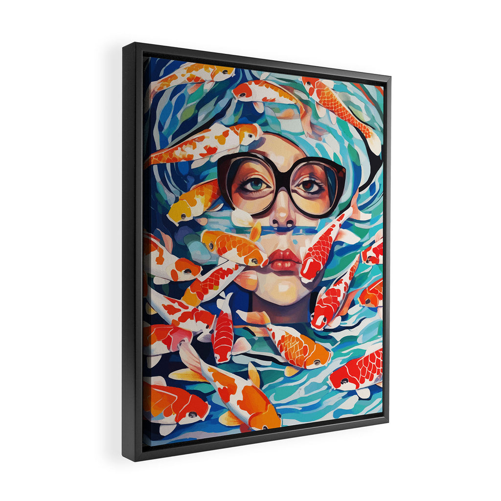 Point of View, Individuality Koi Fish Yoga Meditation, Woman Glasses Vision Concept, Fishpond Eclectic Vintage Painting Framed Canvas Print Gallery Image 2