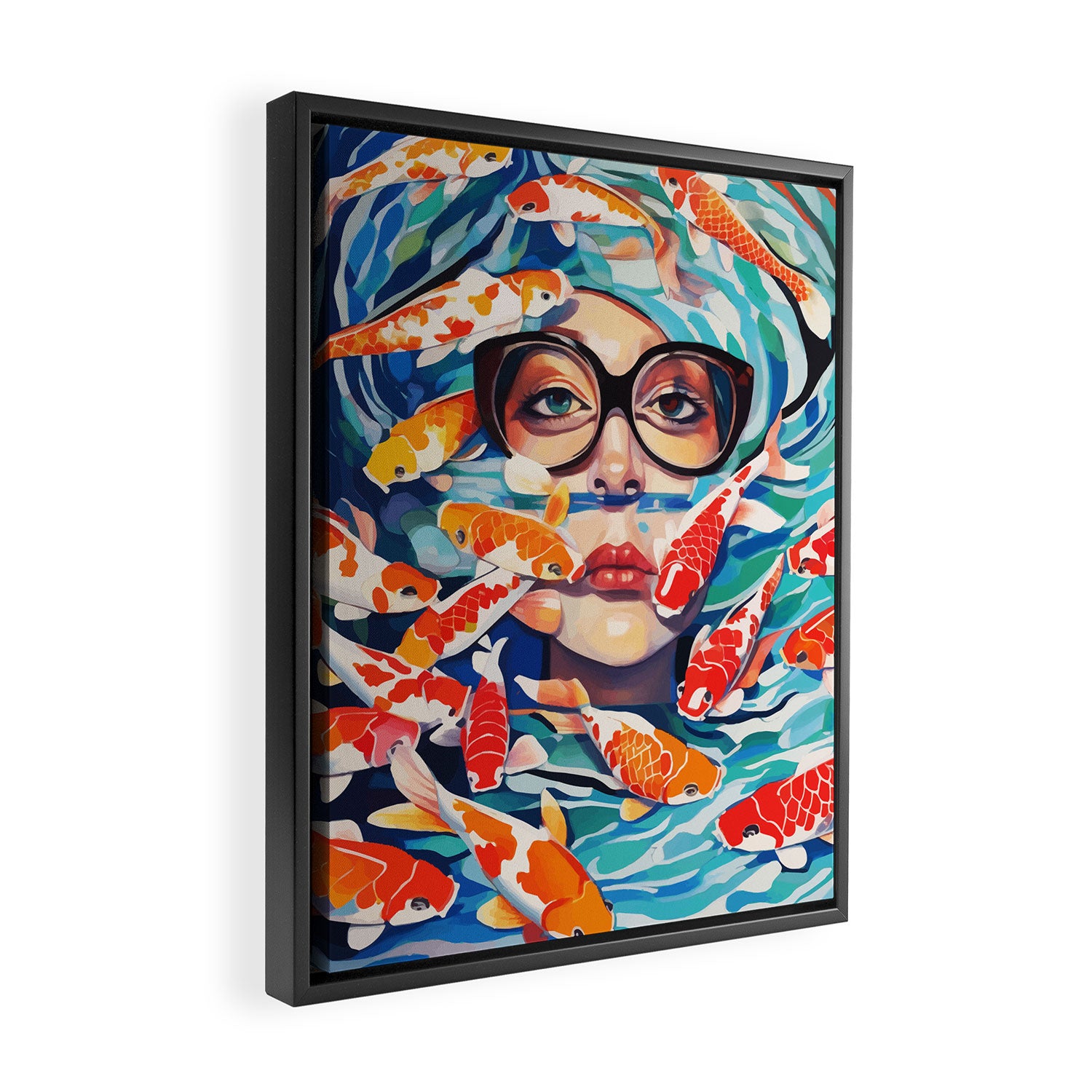 Point of View, Individuality Koi Fish Yoga Meditation, Woman Glasses Vision Concept, Fishpond Eclectic Vintage Painting Framed Canvas Print Gallery Image 2