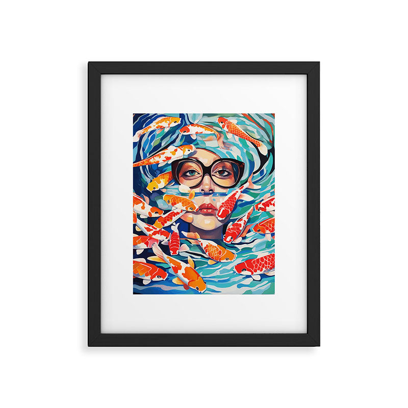 Point of View, Individuality Koi Fish Yoga Meditation, Woman Glasses Vision Concept, Fishpond Eclectic Vintage Painting Framed Art Print Gallery Image 5