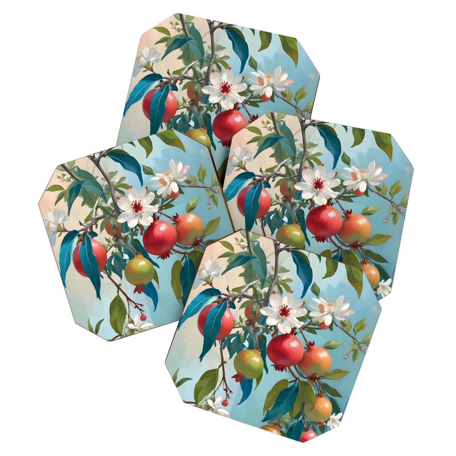 Pomegranate Sweetness, Botanical Vintage Illustration, Jungle Forest Plants Fruits, Food Blossom Garden Painting Coaster Gallery Image 1