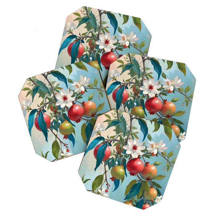 Pomegranate Sweetness, Botanical Vintage Illustration, Jungle Forest Plants Fruits, Food Blossom Garden Painting Coaster Gallery Image 1