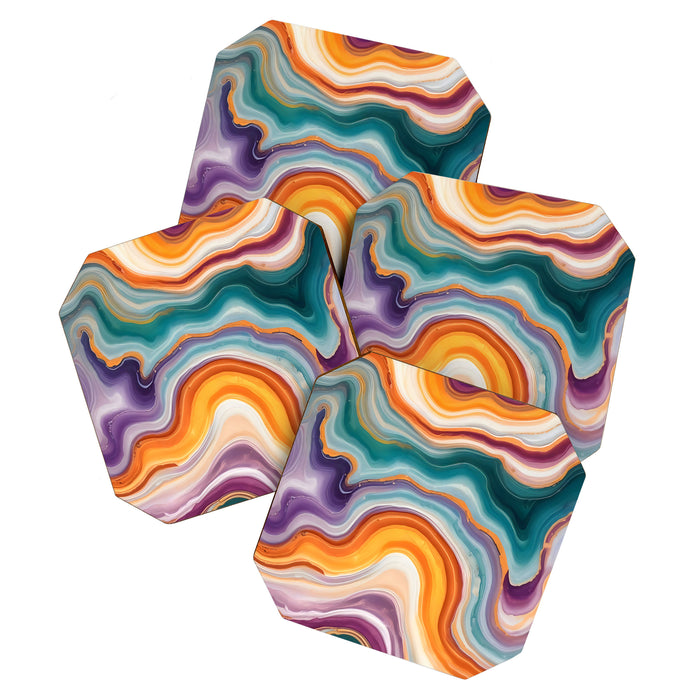 Purple, Teal & Gold Agate, Abstract Texture Nature Pattern, Marble Luxe Eclectic Luxury Stone Rock, Intricate Geometric Bohemian Contemporary Boho Gift Coaster Gallery Image 1