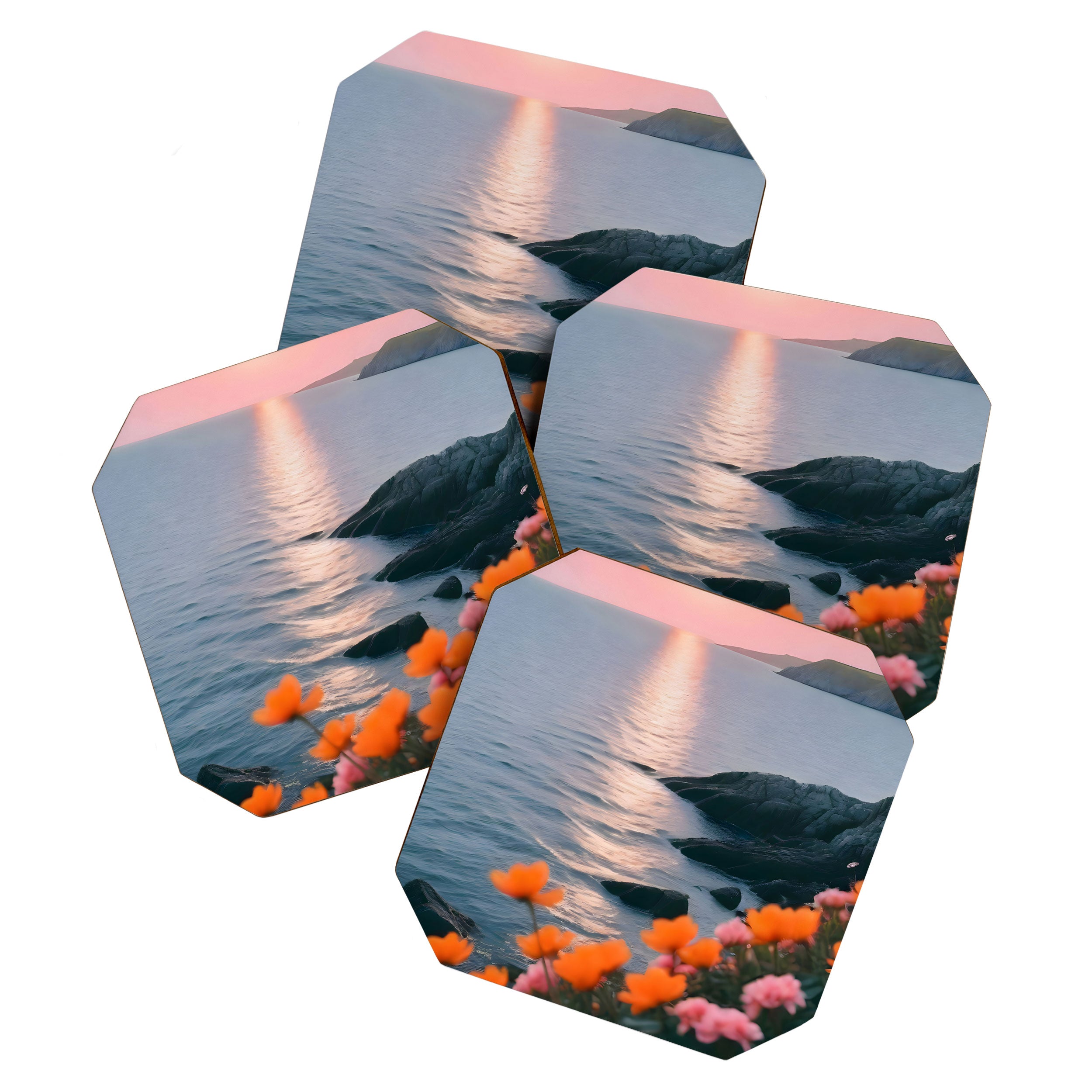 Rocky Beach Sunset, Nature Ocean Landscape Scenic Travel, Mountain Adventure Trek Beach Outdoors, Mindful Photography Coaster Gallery Image 1