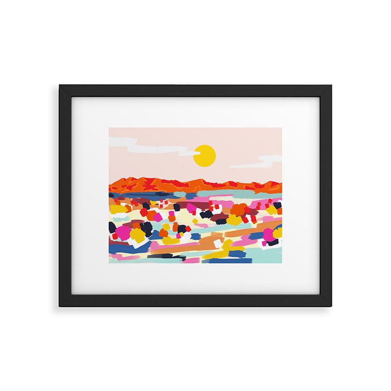 Romantic Landscape, Nature Travel Sunset Painting, Brush Strokes Vivid Colorful Eclectic, Bohemian Sky Mountain Adventure Positivity Mindset Framed Art Print Gallery Image 5