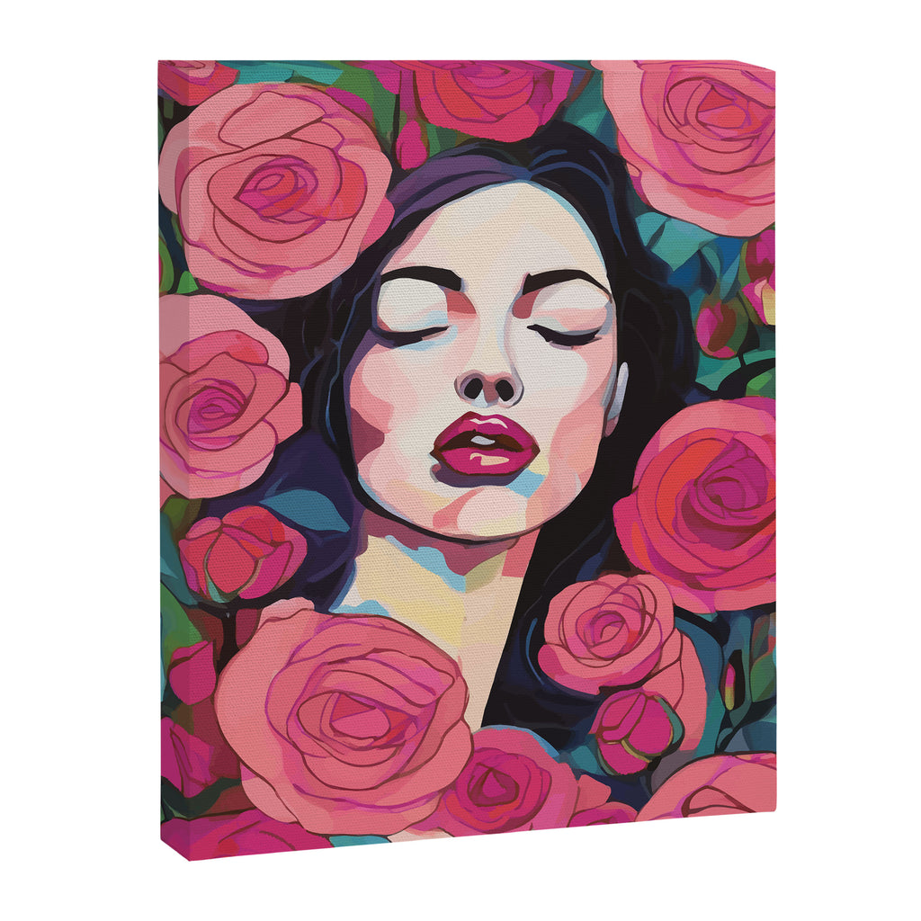 Roses Bloom Every Time I Think of You, Flowers Floral Woman Face, Feminine Chic Pink Nature Fashion Beauty, Vintage Female Eclectic Bohemian Painting  Canvas Print Gallery Image 6
