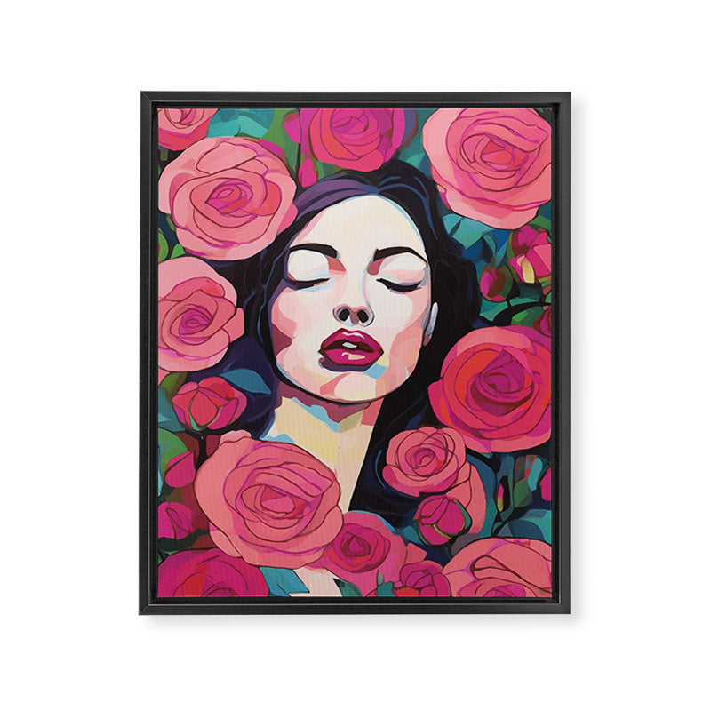 Roses Bloom Every Time I Think of You, Flowers Floral Woman Face, Feminine Chic Pink Nature Fashion Beauty, Vintage Female Eclectic Bohemian Painting  Framed Canvas Print Gallery Image 6