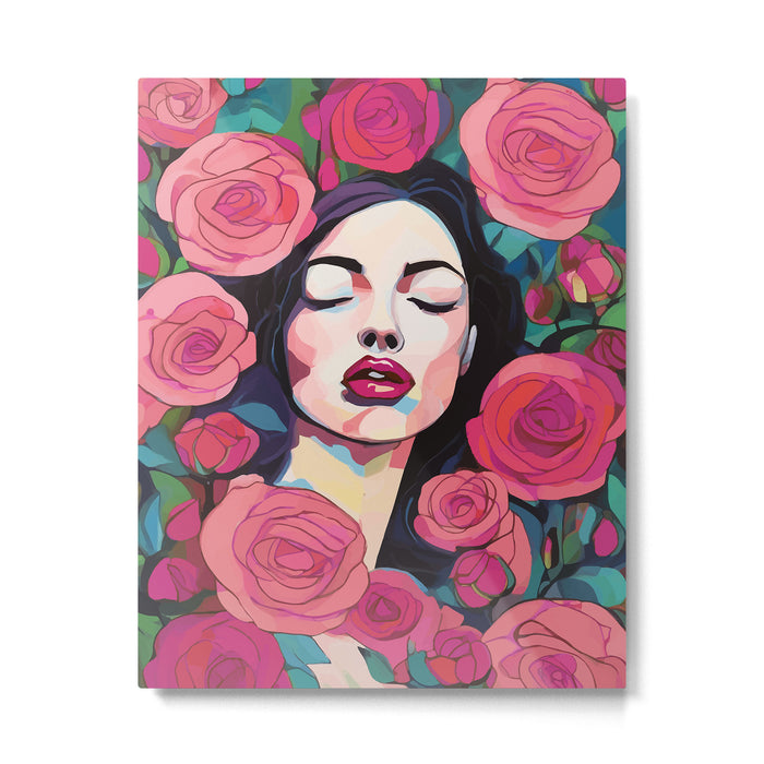 Roses Bloom Every Time I Think of You, Flowers Floral Woman Face, Feminine Chic Pink Nature Fashion Beauty, Vintage Female Eclectic Bohemian Painting  Metal Print Gallery Image 1