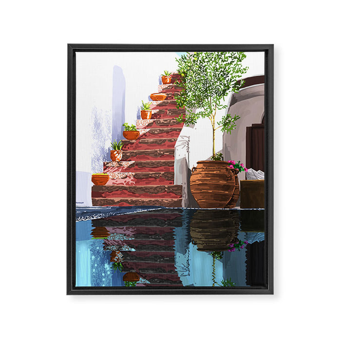 Serenity Weekend | Mindful Travel Greece Architecture | Rustic Earthy Swim Pool | Peace & Positivity Framed Canvas Print Gallery Image 1