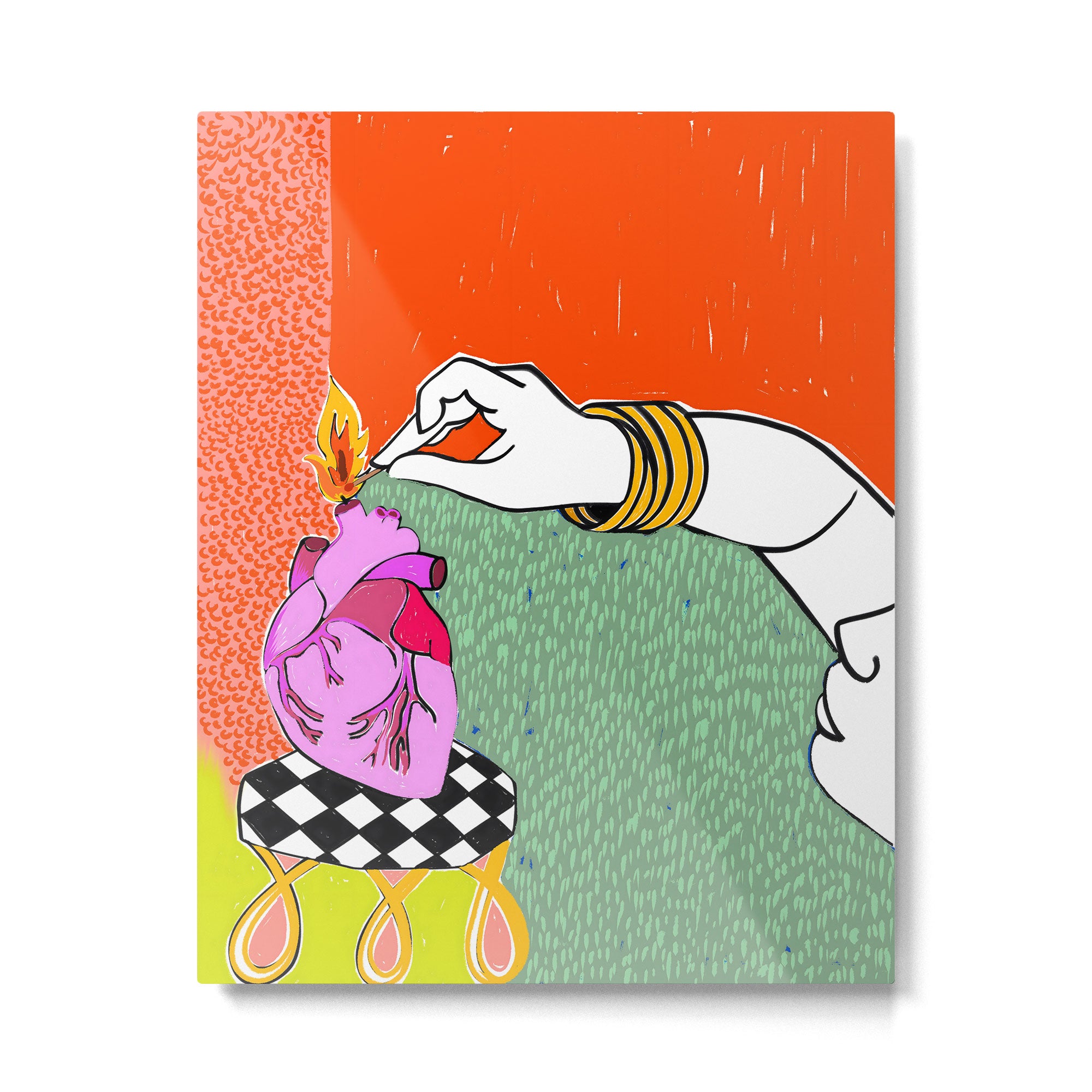 Set My Heart On Fire, Abstract Quirky Maximalist Eclectic, Maximalism Bold Pop of Color Painting, Illustration Pop Art Love  Metal Print Gallery Image 4