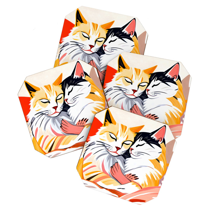 Sleepover, Cats Animals Pets In Love, Affection Cute Companion One Night Stand, Cat Mom Couple Romance Painting Coaster Gallery Image 1