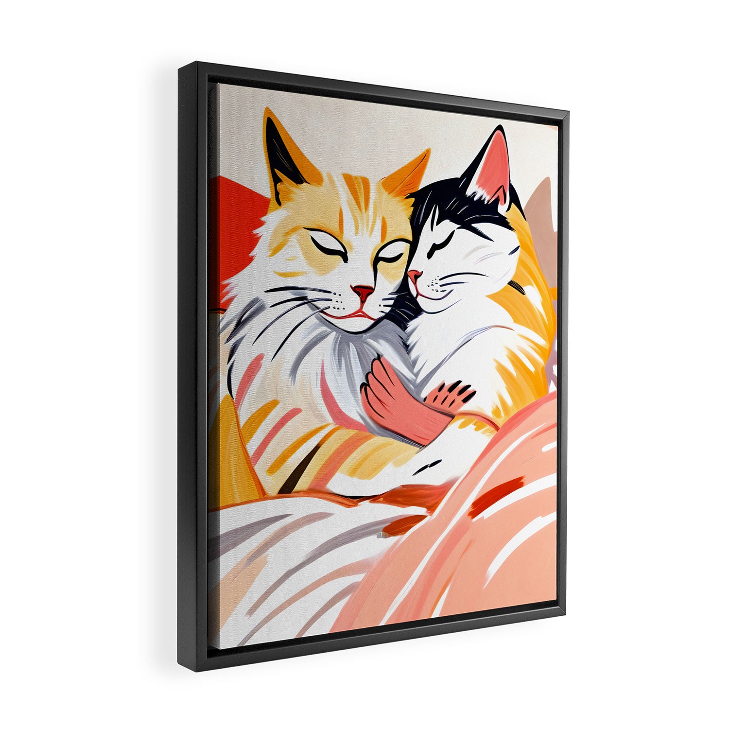 Sleepover, Cats Animals Pets In Love, Affection Cute Companion One Night Stand, Cat Mom Couple Romance Painting Framed Canvas Print Gallery Image 2