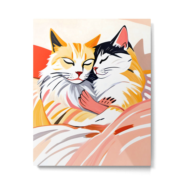 Sleepover, Cats Animals Pets In Love, Affection Cute Companion One Night Stand, Cat Mom Couple Romance Painting Metal Print Gallery Image 1