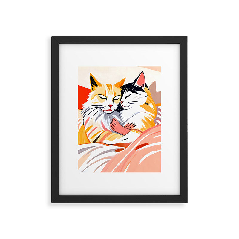 Sleepover, Cats Animals Pets In Love, Affection Cute Companion One Night Stand, Cat Mom Couple Romance Painting Framed Art Print Gallery Image 5