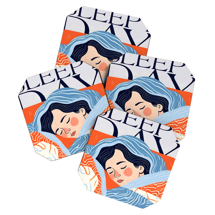 Sleepy Day | Nap Time Bedroom Décor, Eclectic People Relax Rest Illustration, Lazy Bohemian Woman Asleep, Home Blankets Patterns Textures Coaster Gallery Image 1