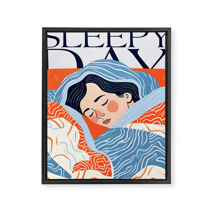 Sleepy Day | Nap Time Bedroom Décor, Eclectic People Relax Rest Illustration, Lazy Bohemian Woman Asleep, Home Blankets Patterns Textures Framed Canvas Print Gallery Image 1