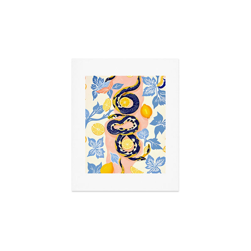 Snakes & Lemons, Whimsical Eclectic Wildlife Animals, Fruit Food Bohemian Summer, Quirky Venom Illustration Moroccan Tiles Art Print Gallery Image 1