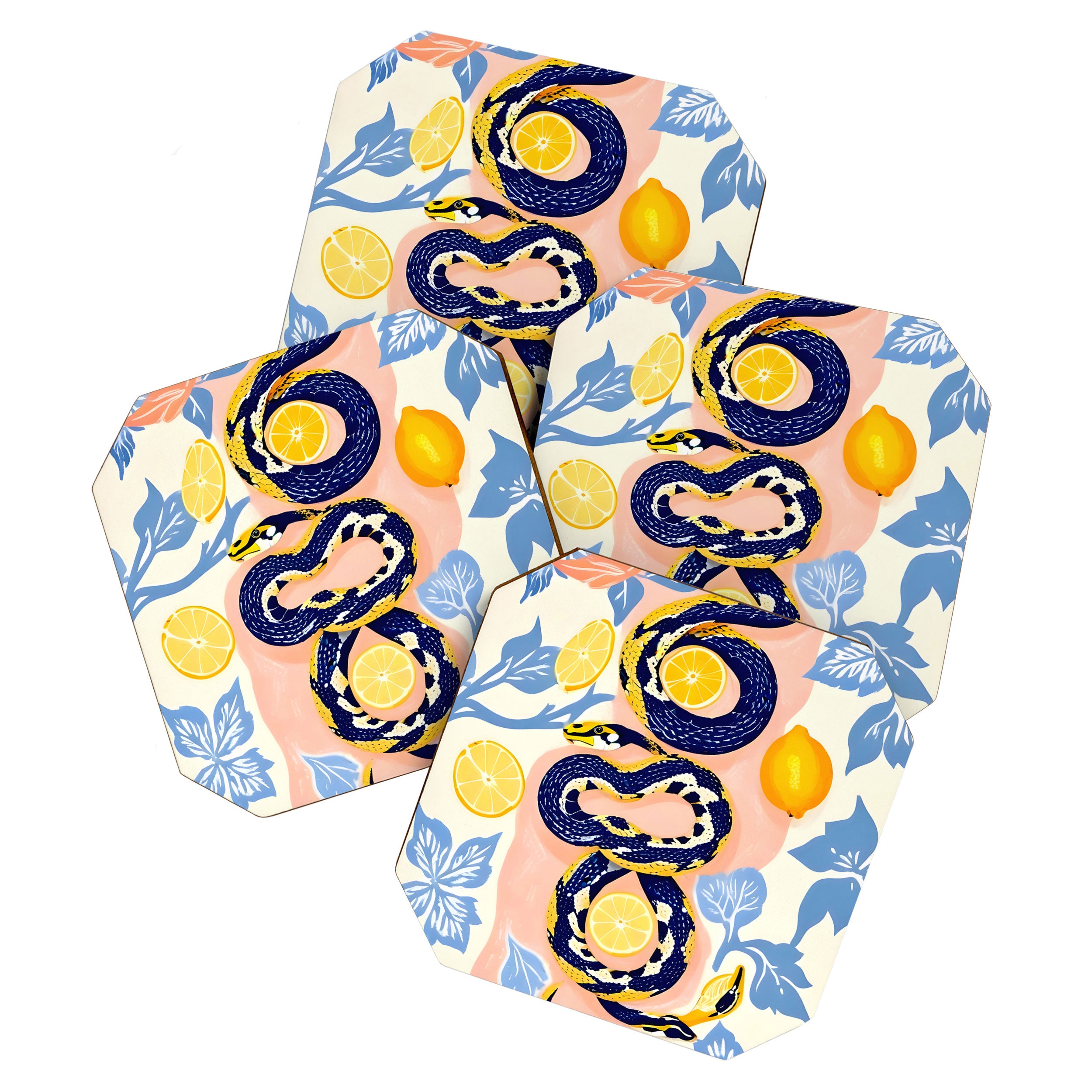 Snakes & Lemons, Whimsical Eclectic Wildlife Animals, Fruit Food Bohemian Summer, Quirky Venom Illustration Moroccan Tiles Coaster Gallery Image 1