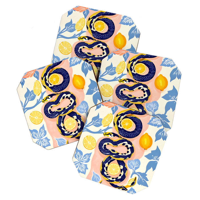 Snakes & Lemons, Whimsical Eclectic Wildlife Animals, Fruit Food Bohemian Summer, Quirky Venom Illustration Moroccan Tiles Coaster Gallery Image 1