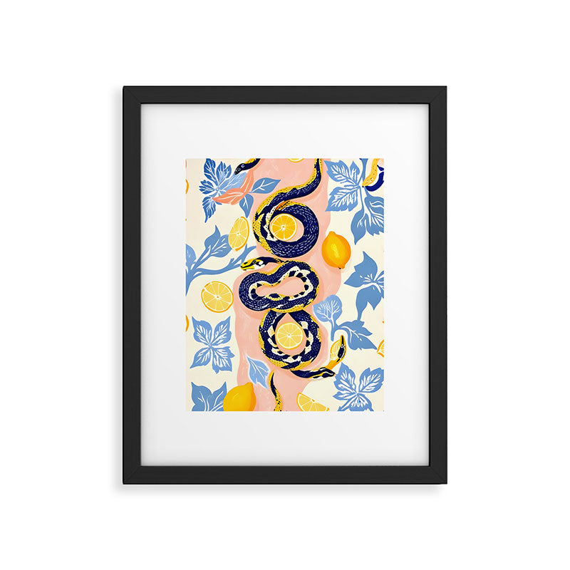 Snakes & Lemons, Whimsical Eclectic Wildlife Animals, Fruit Food Bohemian Summer, Quirky Venom Illustration Moroccan Tiles Framed Art Print Gallery Image 5
