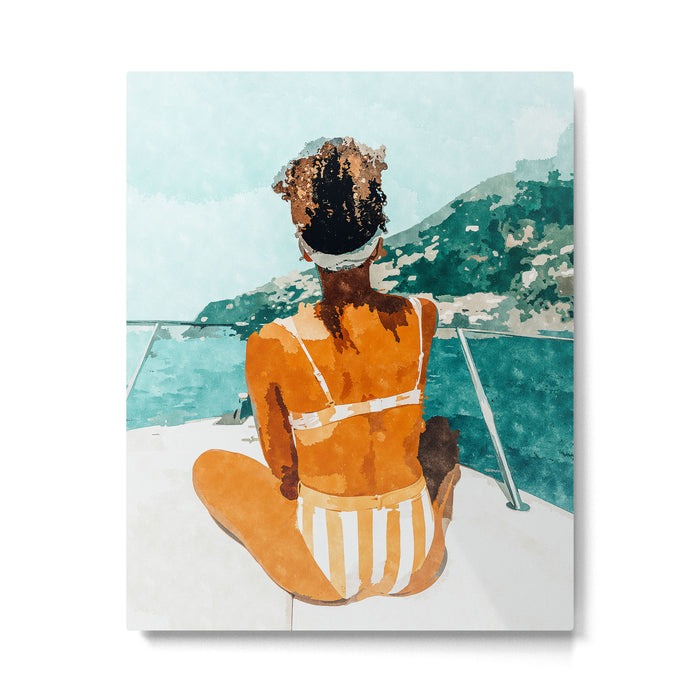 Solo Traveler, Watercolor Black Woman Painting, Travel Tropical Summer Illustration Metal Print Gallery Image 1