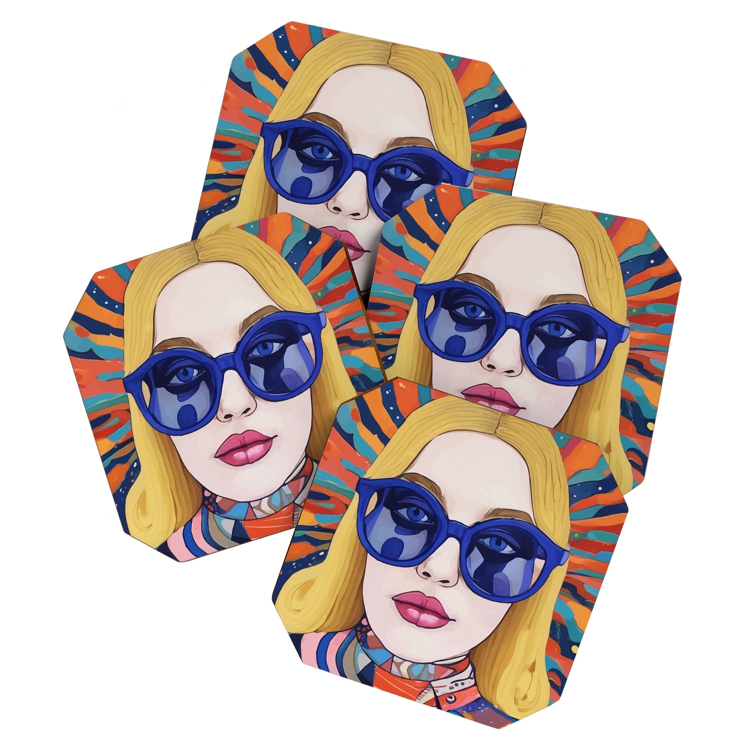 Speed Through, Retro Girl Woman Superpower Magic, Fashion Sunburst Blonde Female, Feminism Colorful Illustration Eclectic Bohemian Maximalism Coaster Gallery Image 1