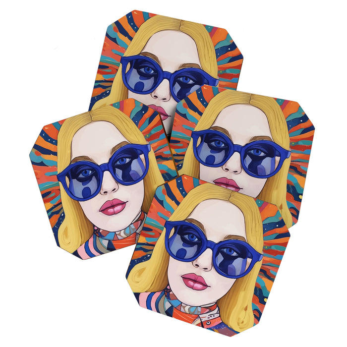 Speed Through, Retro Girl Woman Superpower Magic, Fashion Sunburst Blonde Female, Feminism Colorful Illustration Eclectic Bohemian Maximalism Coaster Gallery Image 1