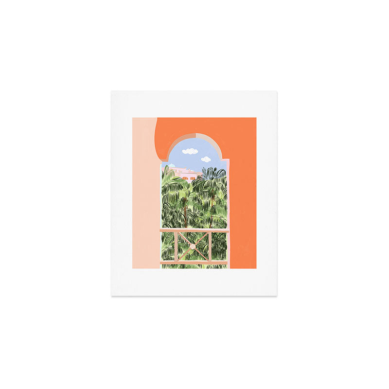 Summer Travel, Tropical Nature Palm Trees, Modern Architecture Palace Illustration Painting Art Print Gallery Image 1