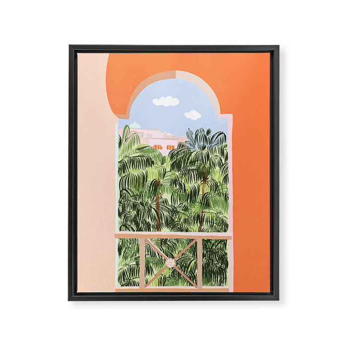 Summer Travel, Tropical Nature Palm Trees, Modern Architecture Palace Illustration Painting Framed Canvas Print Gallery Image 1