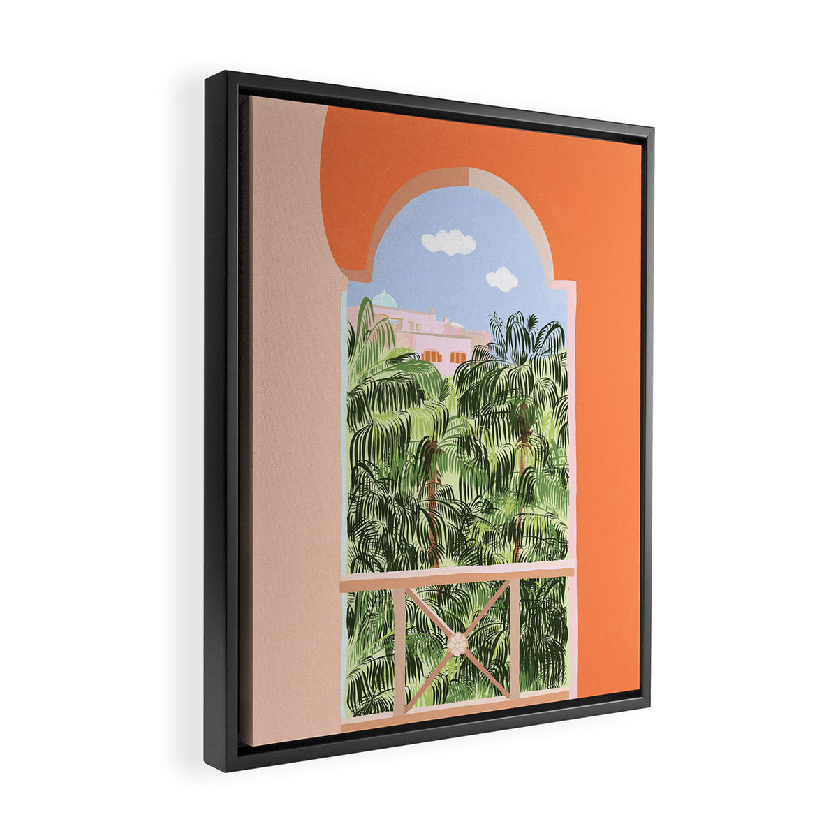 Summer Travel, Tropical Nature Palm Trees, Modern Architecture Palace Illustration Painting Framed Canvas Print Gallery Image 2