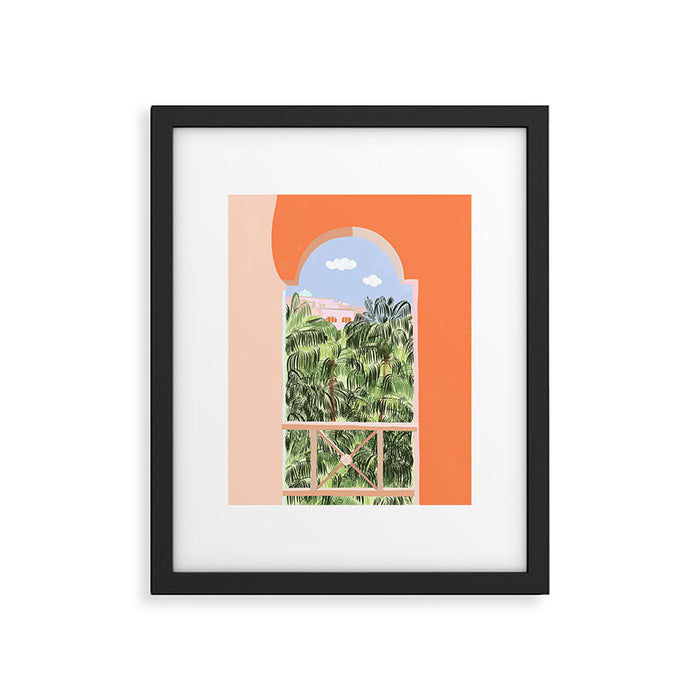 Summer Travel, Tropical Nature Palm Trees, Modern Architecture Palace Illustration Painting Framed Art Print Gallery Image 1