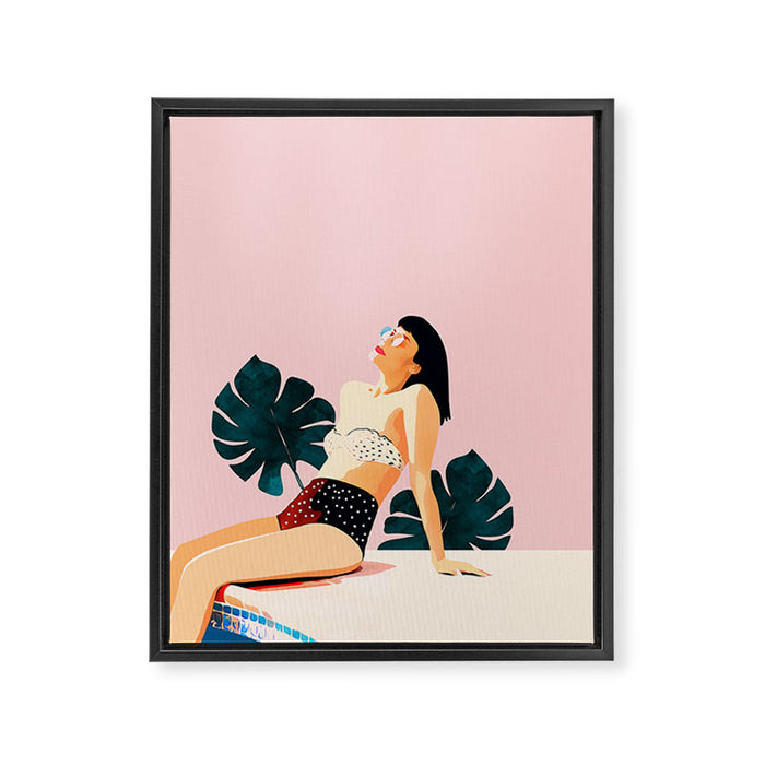 Sunday, Summer Swim Poolside Fashion, Bohemian Woman Sunbath Tan Bikini Monstera Tropical Travel Framed Canvas Print Gallery Image 1