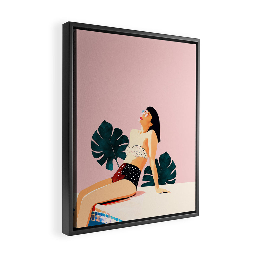 Sunday, Summer Swim Poolside Fashion, Bohemian Woman Sunbath Tan Bikini Monstera Tropical Travel Framed Canvas Print Gallery Image 2