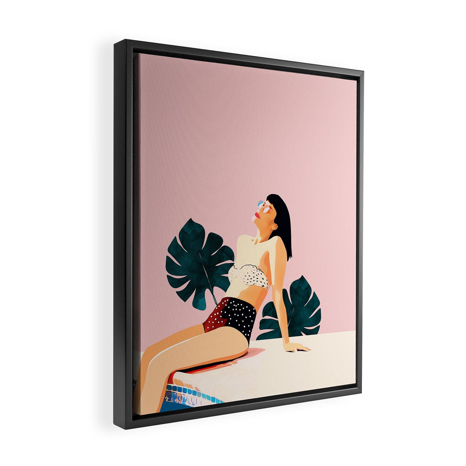 Sunday, Summer Swim Poolside Fashion, Bohemian Woman Sunbath Tan Bikini Monstera Tropical Travel Framed Canvas Print Gallery Image 2