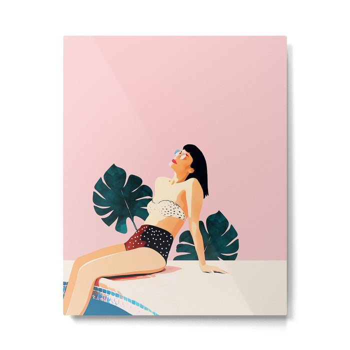 Sunday, Summer Swim Poolside Fashion, Bohemian Woman Sunbath Tan Bikini Monstera Tropical Travel Metal Print Gallery Image 1