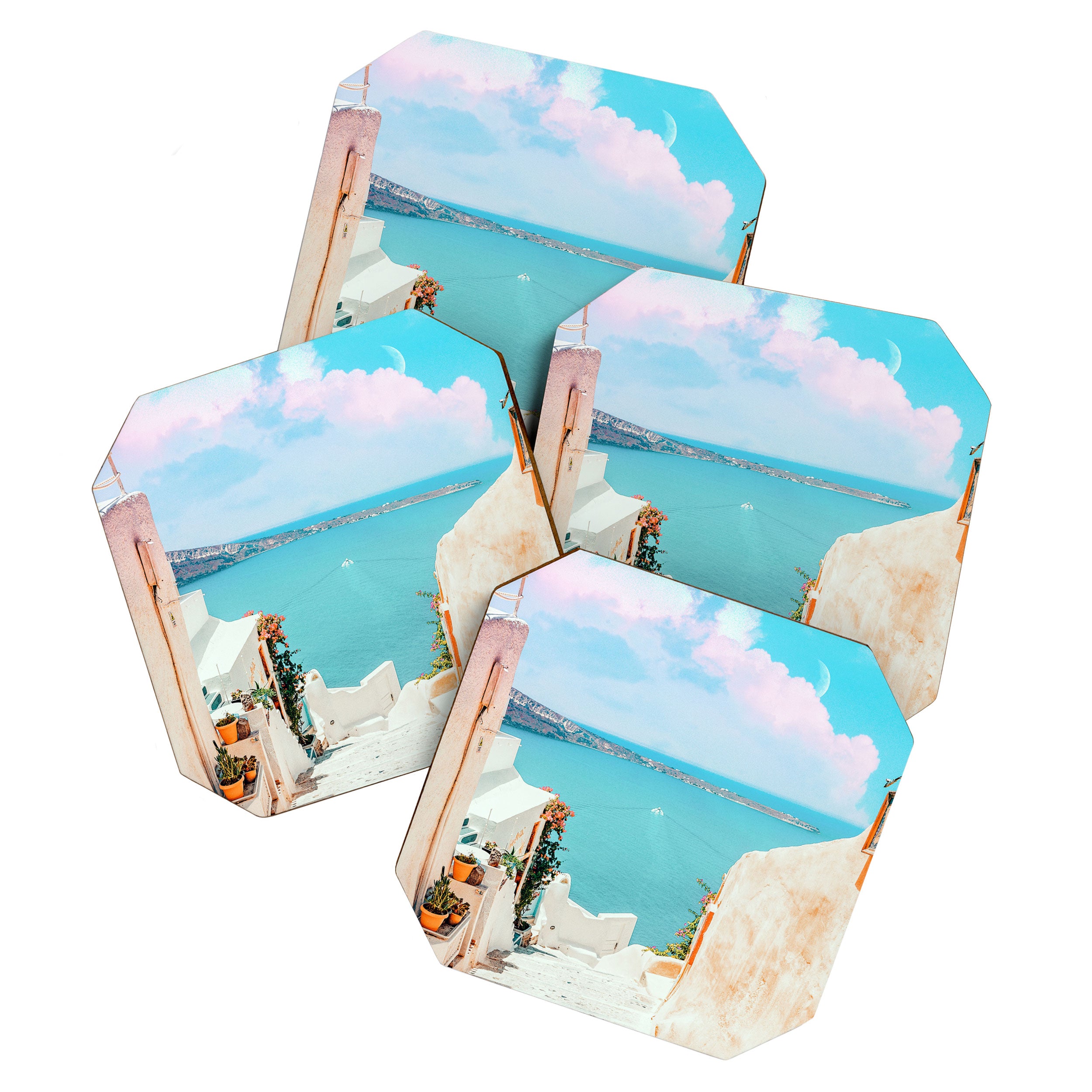 Surreal Greece, Tropical Travel Scenic Photography, Colorful Pastel Landscape Bohemian Architecture Coaster Gallery Image 1
