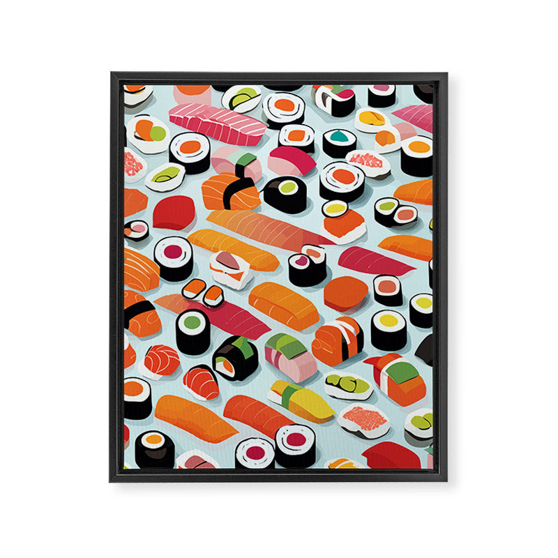 Sushi & Sashimi, Japanese Mob Wife Raw Fish Food Illustration, Delicacy Menu Rice Colorful Eclectic Framed Canvas Print Gallery Image 6