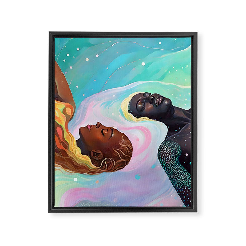 Suspended, Abstract Black People Love Couple, Human Humanity Emotions Feelings, Expression Eclectic Painting Space Framed Canvas Print Gallery Image 6