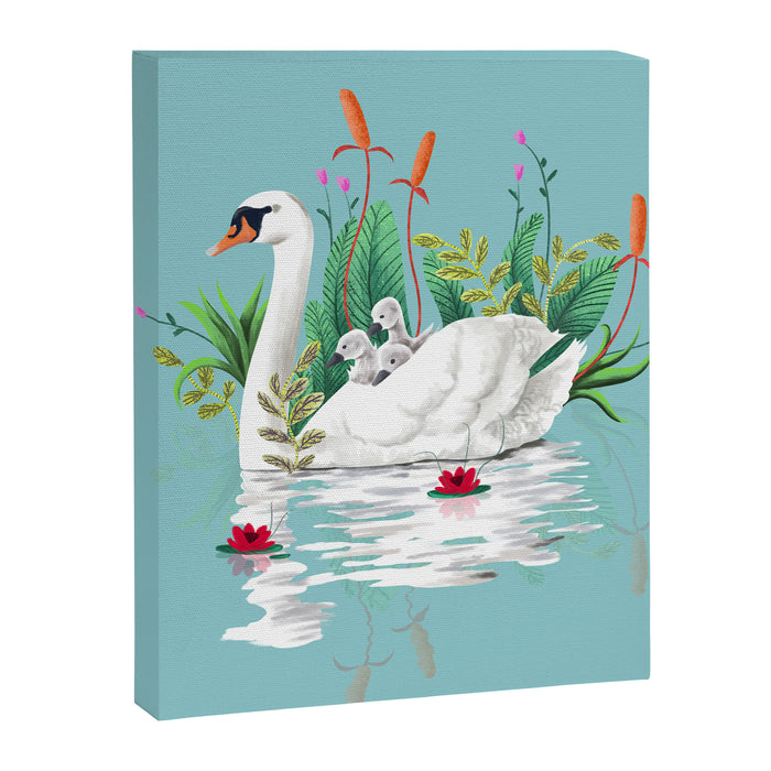 Bond, Jungle Animals, Swan Family Nature Pond Illustration, Bohemian Ducks Love Colorful Botanical Canvas Print Gallery Image 1