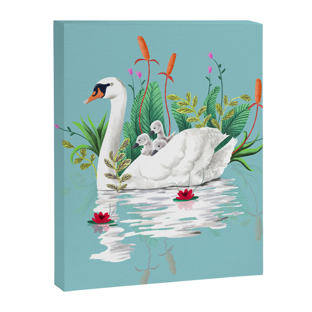 Bond, Jungle Animals, Swan Family Nature Pond Illustration, Bohemian Ducks Love Colorful Botanical Canvas Print Gallery Image 6