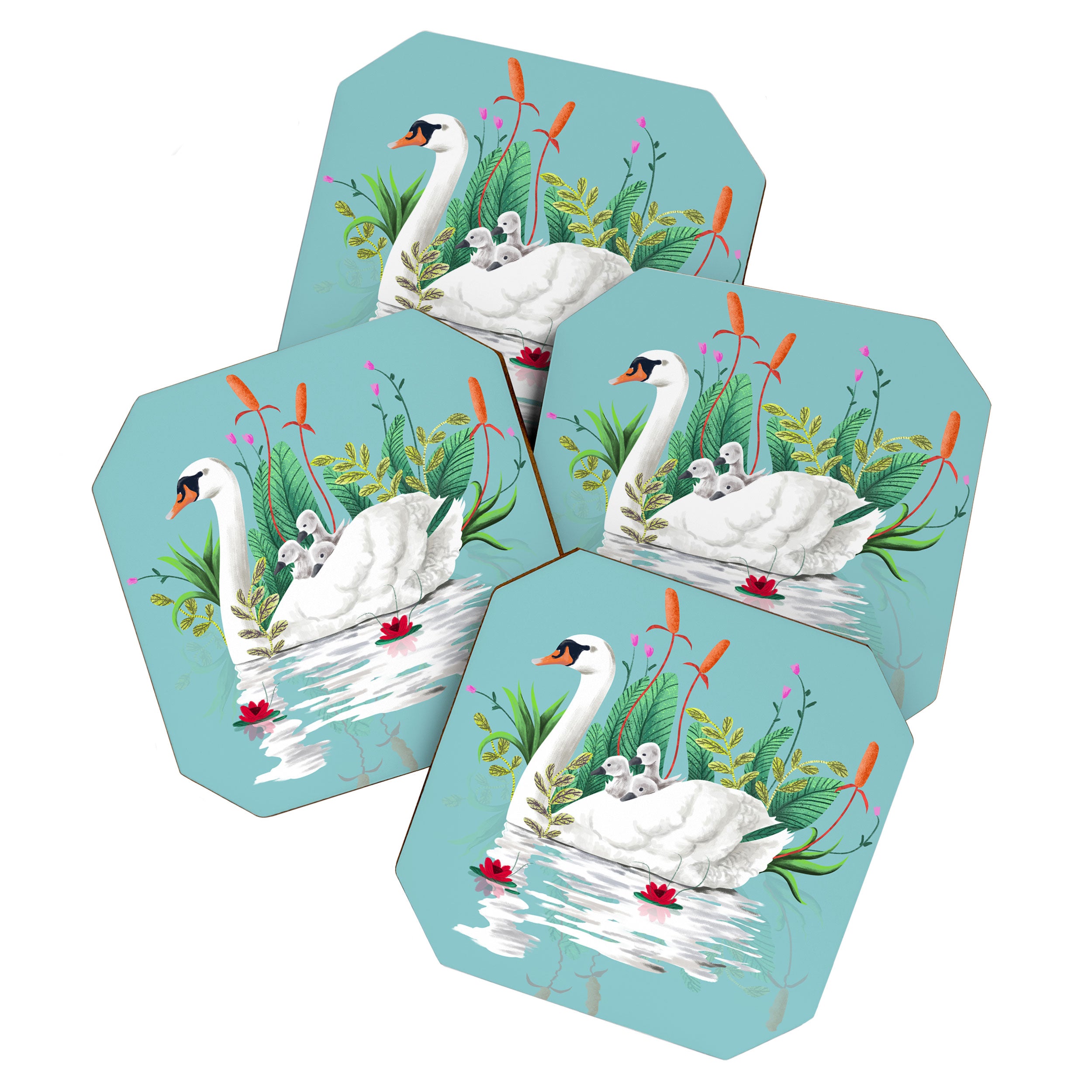 Bond, Jungle Animals, Swan Family Nature Pond Illustration, Bohemian Ducks Love Colorful Botanical Coaster Gallery Image 1