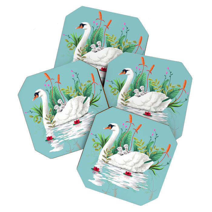 Bond, Jungle Animals, Swan Family Nature Pond Illustration, Bohemian Ducks Love Colorful Botanical Coaster Gallery Image 1
