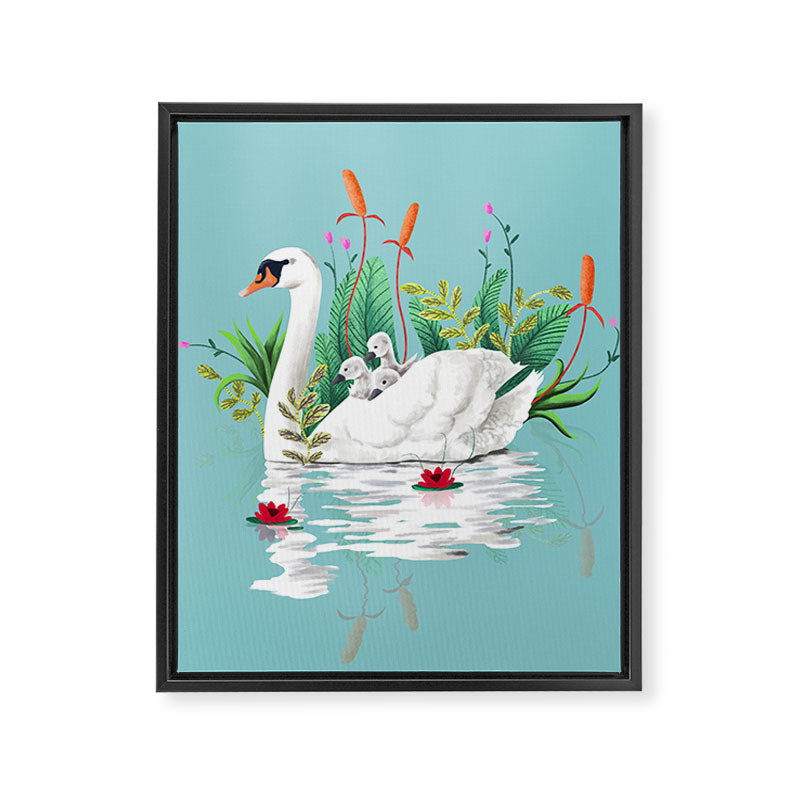 Bond, Jungle Animals, Swan Family Nature Pond Illustration, Bohemian Ducks Love Colorful Botanical Framed Canvas Print Gallery Image 6
