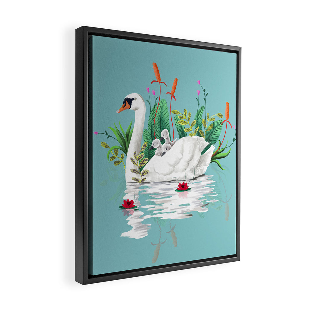 Bond, Jungle Animals, Swan Family Nature Pond Illustration, Bohemian Ducks Love Colorful Botanical Framed Canvas Print Gallery Image 2