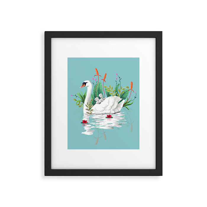 Bond, Jungle Animals, Swan Family Nature Pond Illustration, Bohemian Ducks Love Colorful Botanical Framed Art Print Gallery Image 1