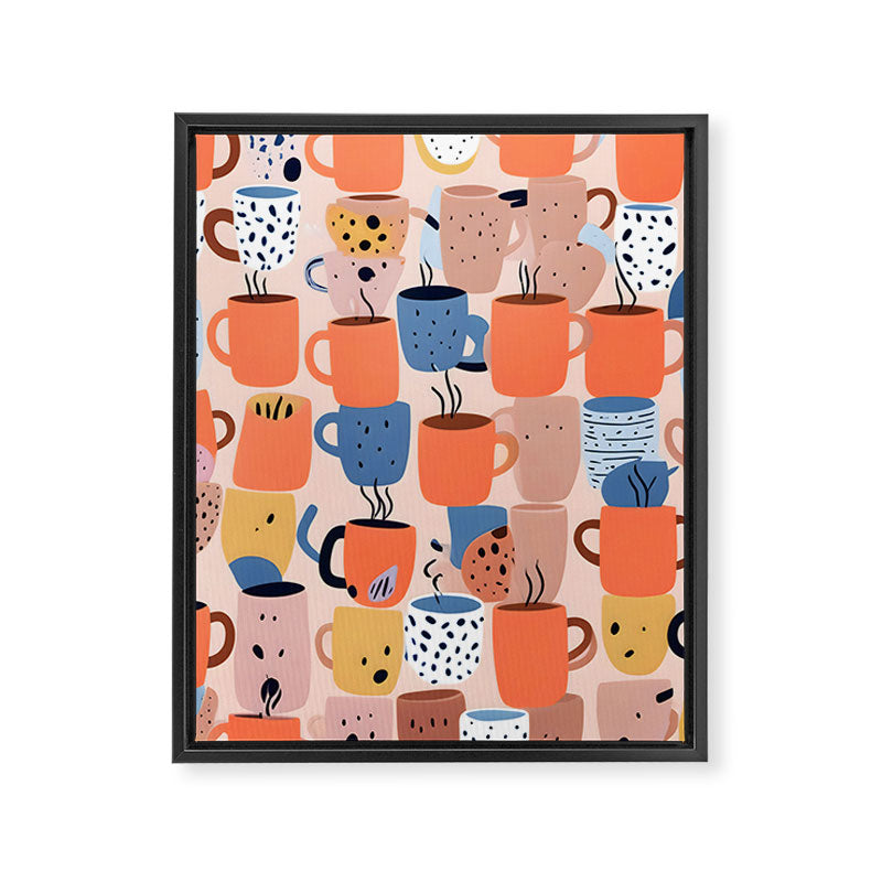 Tea Cups Whimsy, Coffee Mugs Quirky Illustration, Whimsical Halloween Pattern Hot Soup, Fall Autumn Line Drawing Pastel, Eclectic Bohemian Painting Framed Canvas Print Gallery Image 6