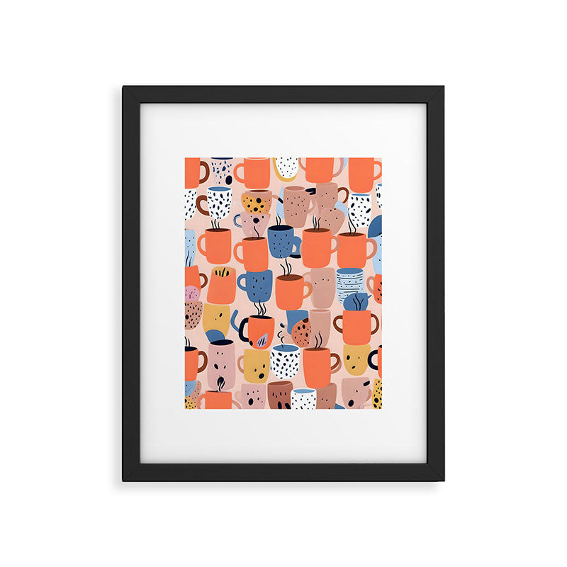 Tea Cups Whimsy, Coffee Mugs Quirky Illustration, Whimsical Halloween Pattern Hot Soup, Fall Autumn Line Drawing Pastel, Eclectic Bohemian Painting Framed Art Print Gallery Image 5