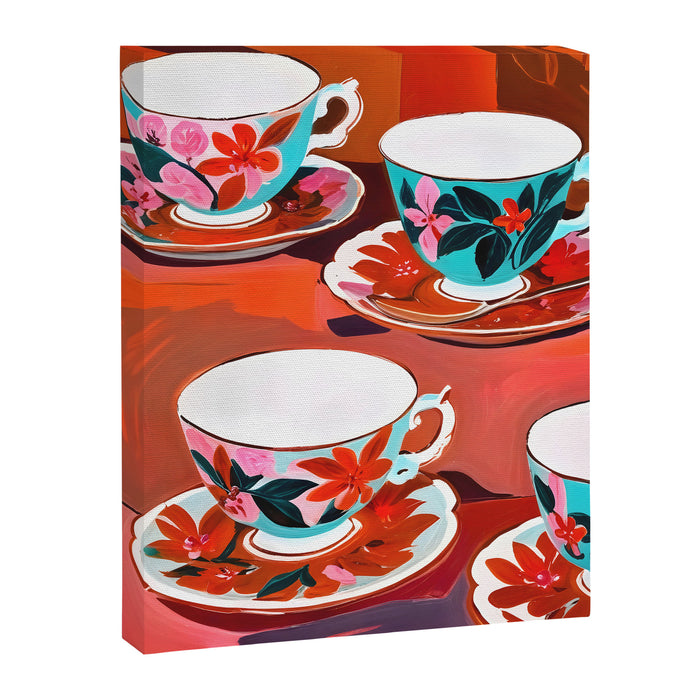 Tea Party, Teacups Floral Whimsical Eclectic Maximalist Illustration, Boho Coffee Food Painting Canvas Print Gallery Image 1