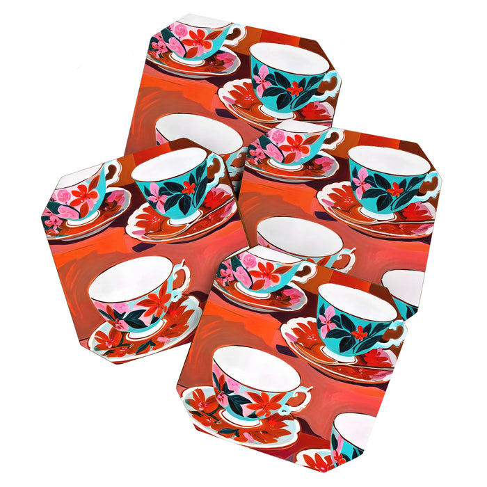 Tea Party, Teacups Floral Whimsical Eclectic Maximalist Illustration, Boho Coffee Food Painting Coaster Gallery Image 1