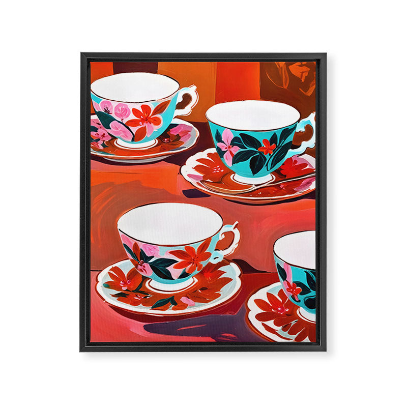 Tea Party, Teacups Floral Whimsical Eclectic Maximalist Illustration, Boho Coffee Food Painting Framed Canvas Print Gallery Image 6